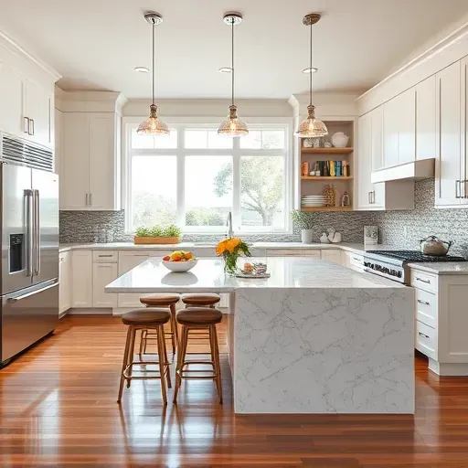 Renovated kitchen in Torrey Highlands with custom cabinetry, marble island, stainless appliances, and stylish decor.