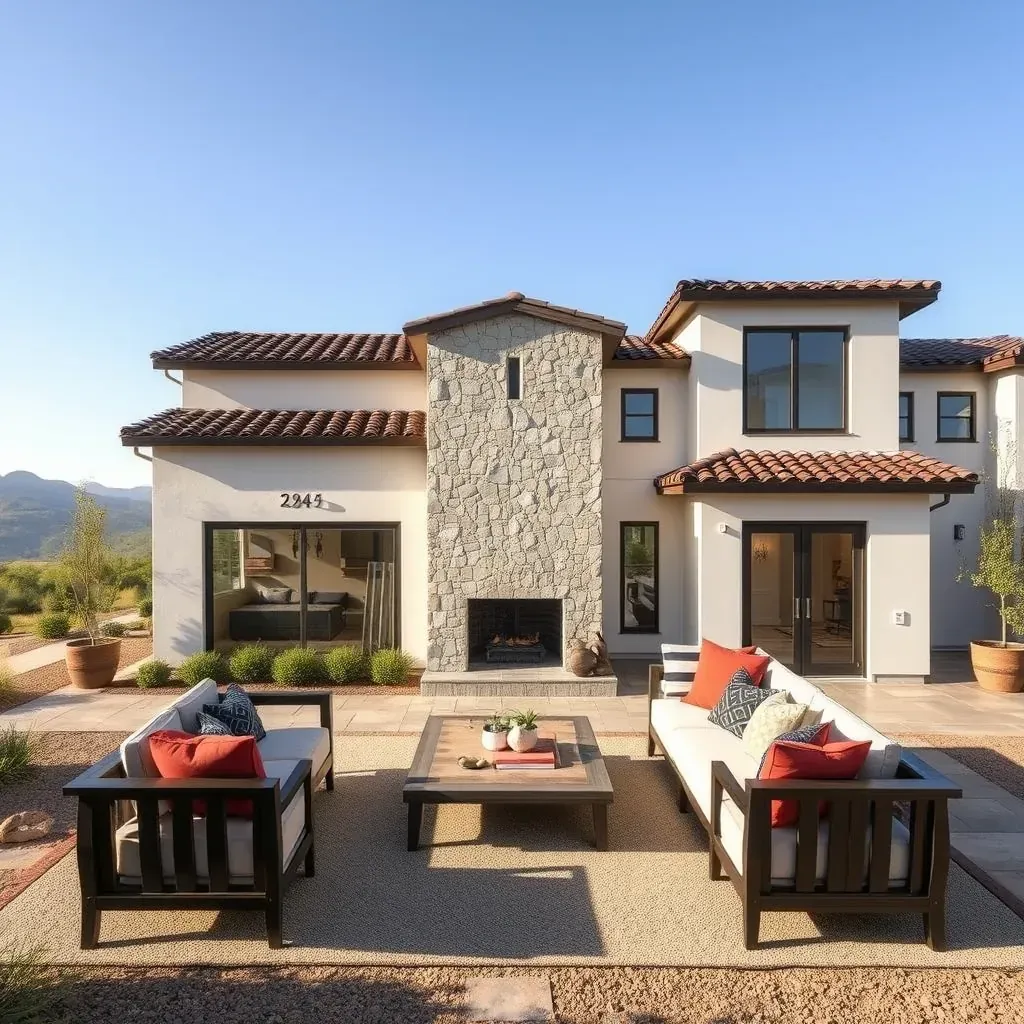 Remodeled Carmel Mountain Ranch backyard with stone patio, fire pit, outdoor kitchen, drought-tolerant plants, and modern furniture.