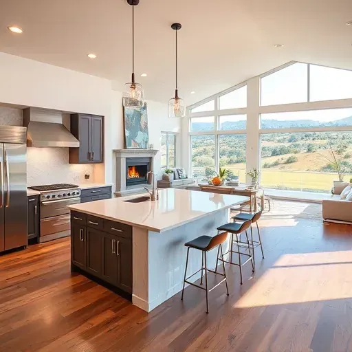 Modern kitchen in Twin Oaks Valley CA with sleek cabinetry, quartz island, stainless appliances, and open living area.
