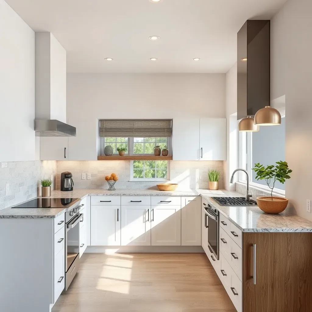 Modern 4S Ranch kitchen with quartz counters, custom white cabinets, large island, high-end appliances, and lush backyard views.
