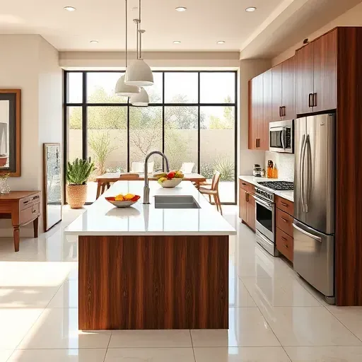 Remodeled Hidden Meadows CA kitchen with dark wood cabinets quartz island stainless steel appliances lush backyard natural light