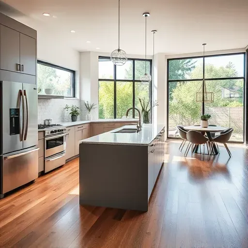 Remodeled modern Poway kitchen with matte cabinets stainless appliances marble island large windows hardwood floors cozy dining area