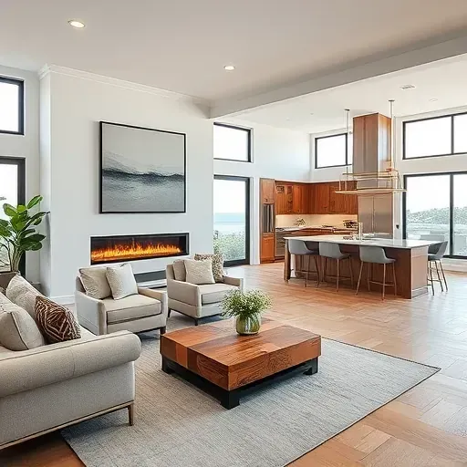Elegant living room in Cardiff-by-the-Sea showcases modern design, reclaimed wood furniture, and ocean views.