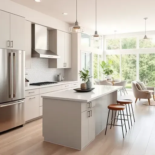 Renovated Modern Kitchen in Normal Heights CA with matte cabinets quartz countertops stainless steel appliances and large windows