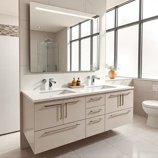 Luxury modern bathroom with marble vanity, undermount sinks, chrome fixtures, LED mirror, frosted windows, neutral tiles