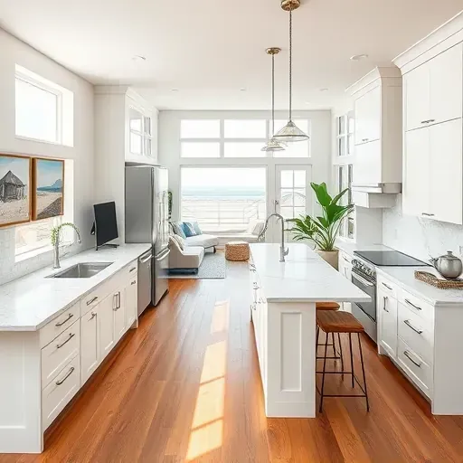 Kitchen remodel in Leucadia CA featuring quartz countertops, stainless steel appliances, and coastal-themed decor.