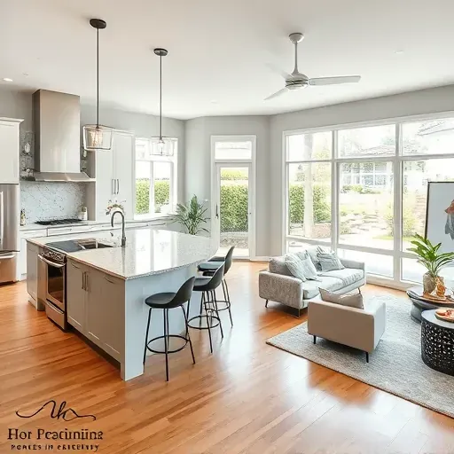 Completed home remodel in Carlsbad CA featuring a modern kitchen and living room with stylish decor and natural light.