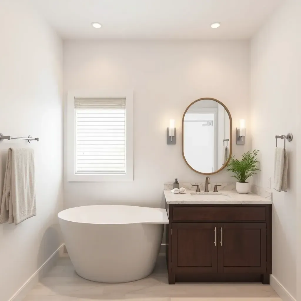 Remodeled Vista, CA bathroom with walk-in shower, freestanding tub, double vanity, modern tiles, and warm, elegant decor.