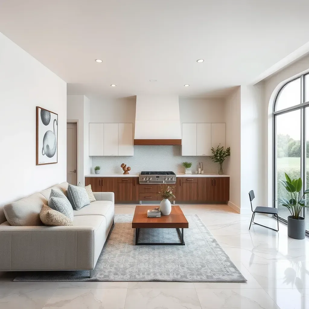 Modern San Diego home with new stucco, large glass windows, construction materials, and scenic coastal skyline.