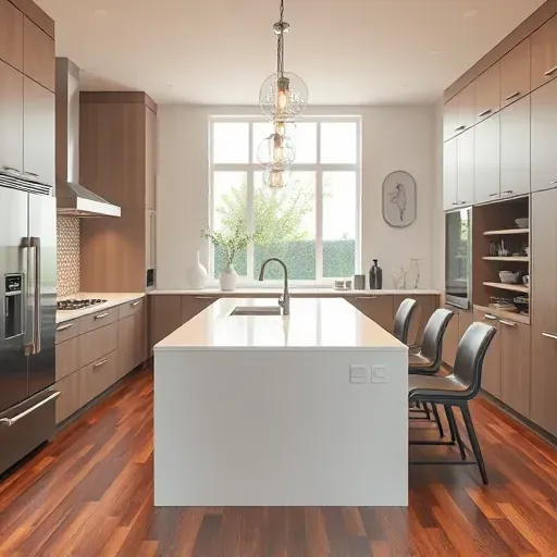 Modern remodeled Mira Mesa kitchen with sleek matte cabinets stainless appliances marble island natural light greenery