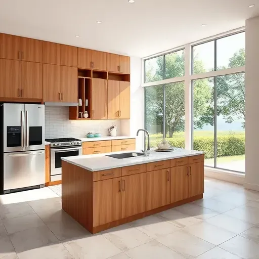 Modern remodeled kitchen in Twin Oaks Valley CA with granite countertops, warm wood cabinetry, stainless appliances, and natural light