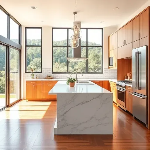 Remodeled kitchen in Carmel Valley with modern cabinetry, stainless steel appliances, and a marble island under natural light.