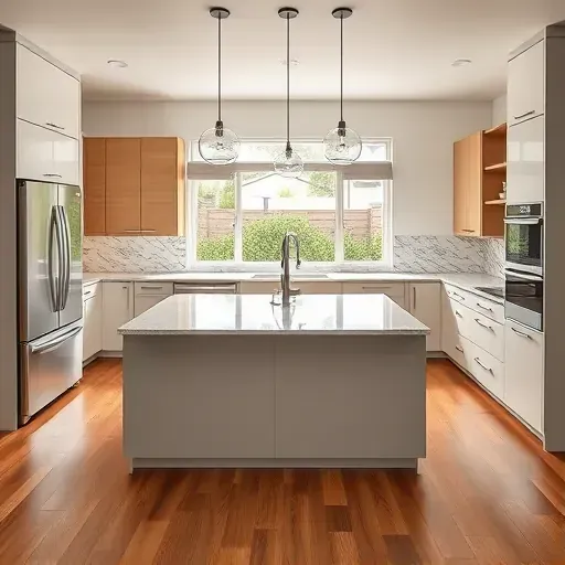 Modern Encinitas kitchen with ocean views, white marble countertops, black hardware, hardwood floors, and coastal-inspired design.