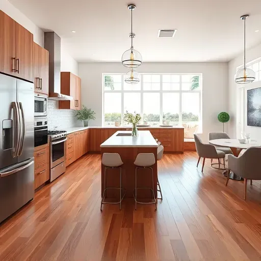 Beautiful renovated Vista CA kitchen with quartz countertops stainless steel appliances custom wood cabinetry large island subway tile backsplash hardwood floors and ample natural light