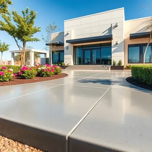 Finished concrete slab in Vista California with landscaped greenery, modern building, and clear blue sky.