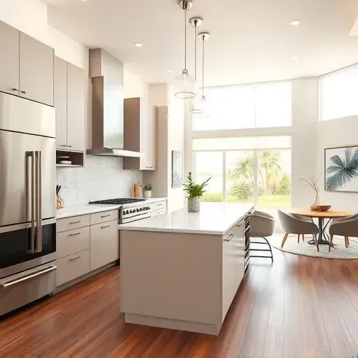 Renovated Scripps Ranch kitchen with modern matte cabinetry, marble island, stainless steel appliances, hardwood floors and open-concept design