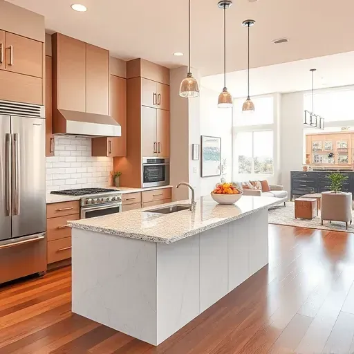 Renovated 4S Ranch kitchen with modern handleless cabinets, granite island, stainless appliances, subway tile backsplash, hardwood floors