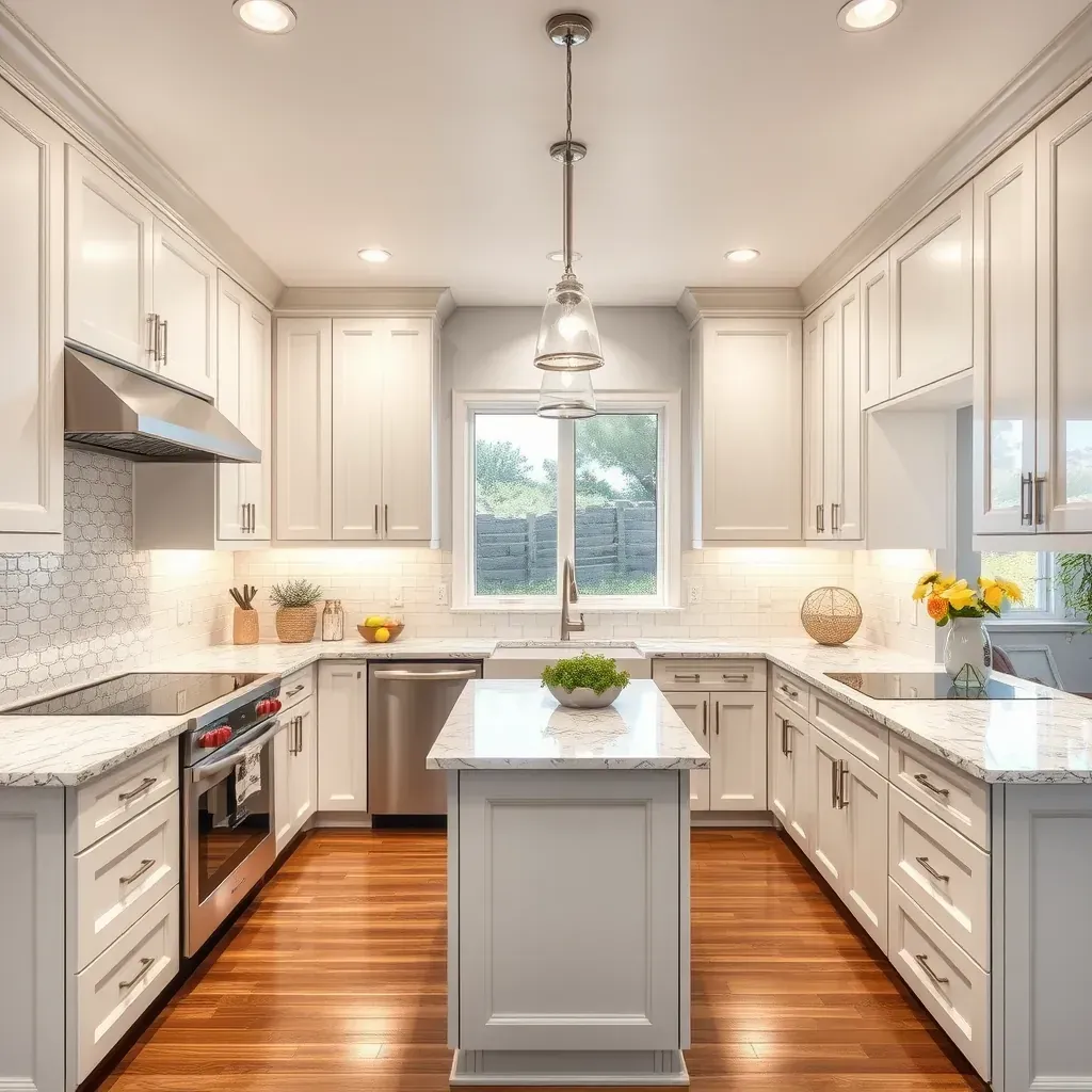 Modern San Marcos, CA kitchen with white cabinets, quartz countertops, marble island, stainless steel appliances, and large windows.