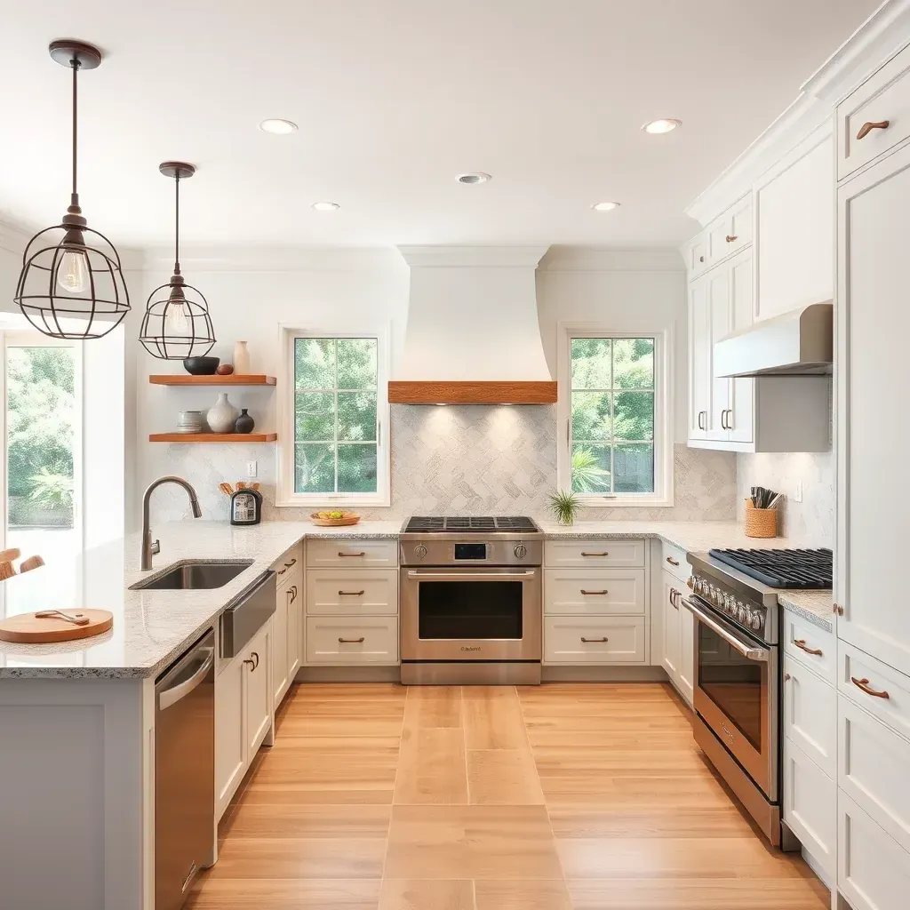Modern Carmel Valley kitchen with white quartz countertops, dark walnut cabinets, large windows, stainless steel appliances, hardwood floors, and textured backsplash.