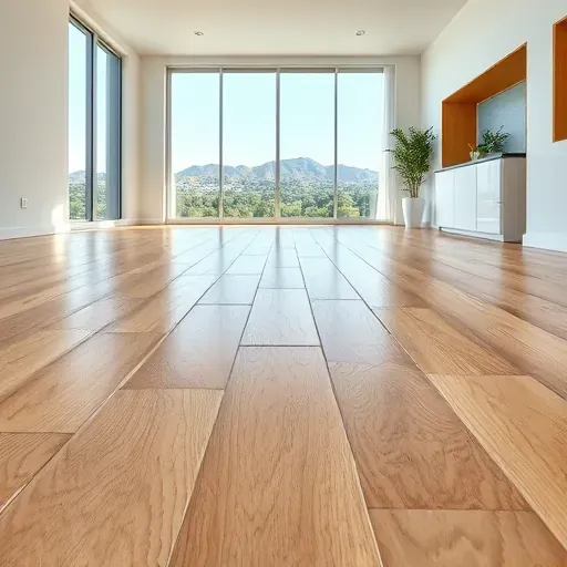 Close-up of stylish laminate flooring with detailed wood grain, natural tones, installed in a modern light-filled room in Vista California
