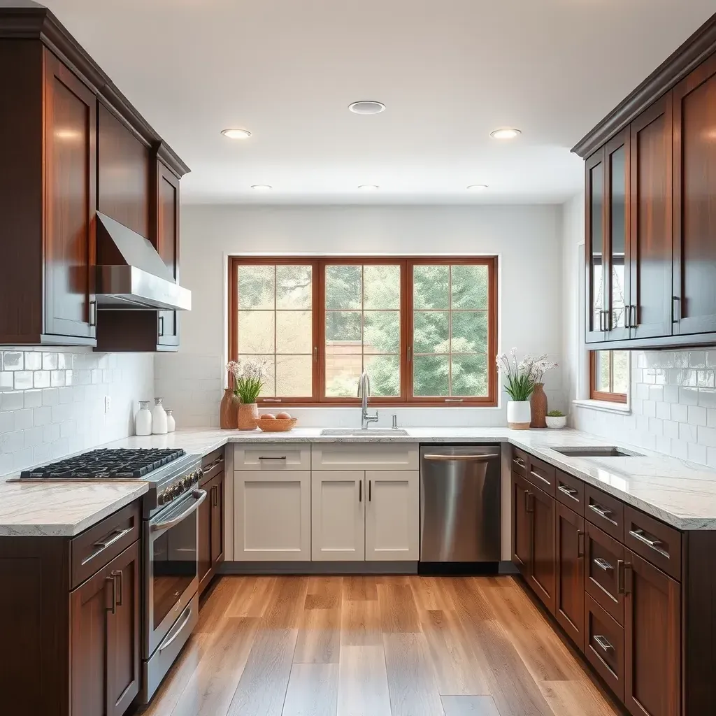 A modern, warm kitchen in Harmony Grove, CA with quartz countertops, white shaker cabinets, island with wood top, stainless steel appliances, and natural light.