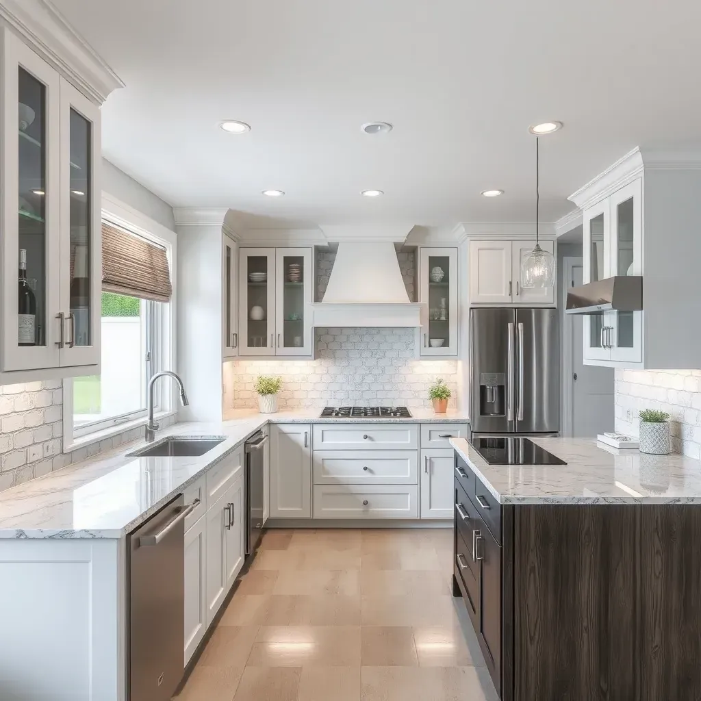 Modern Del Mar kitchen with ocean blue cabinets, quartz countertops, nautical tile backsplash, stainless steel appliances, and ocean views.