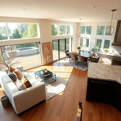 Modern living room in Lake San Marcos with large windows, elegant furnishings, and seamless kitchen area.