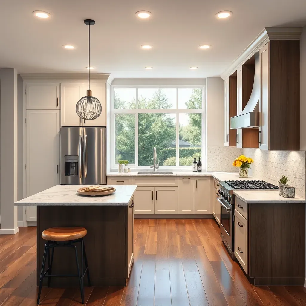 Modern kitchen in Morro Hills, CA with quartz countertops, custom cabinetry, stainless-steel appliances, and scenic hill views.