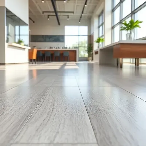 Close-up of durable waterproof flooring with textured surface, sleek finish, subtle patterns, and natural light in modern commercial space