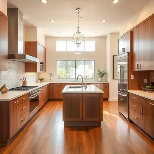 Remodeled Escondido kitchen with quartz counters stainless appliances custom wood cabinets island pendant lighting natural sunlight hardwood floors