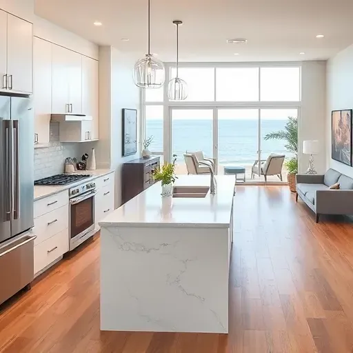 Remodeled Leucadia kitchen with white cabinetry stainless steel appliances coastal views hardwood floors and modern decor