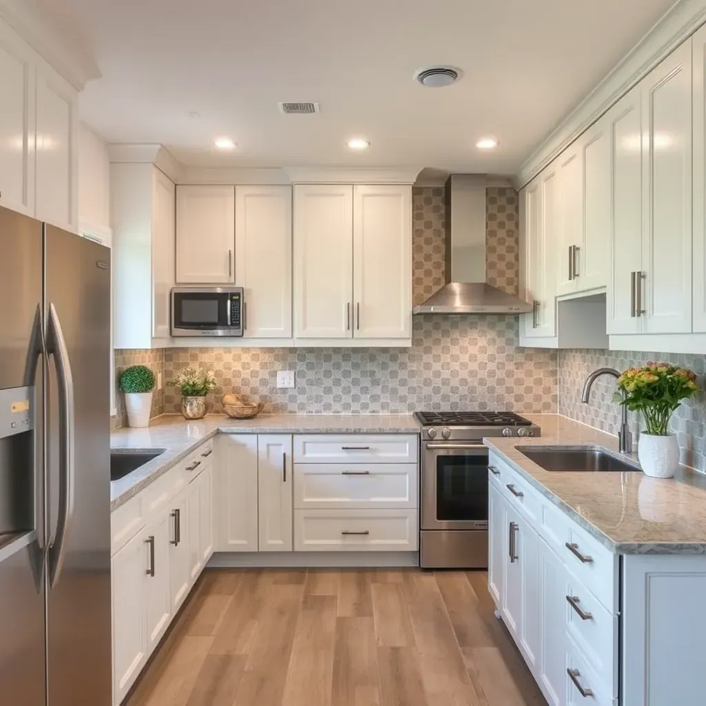 Modern Oceanside kitchen with coastal colors, large windows, white quartz counters, stainless steel appliances, and hardwood floors.