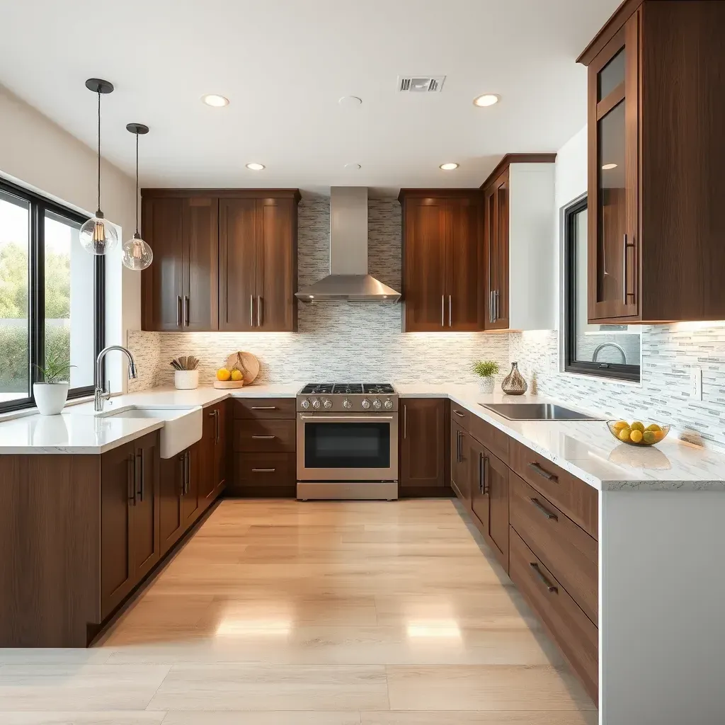 Bright remodeled San Marcos kitchen with natural wood cabinets, white quartz counters, black hardware, and lush landscape view.