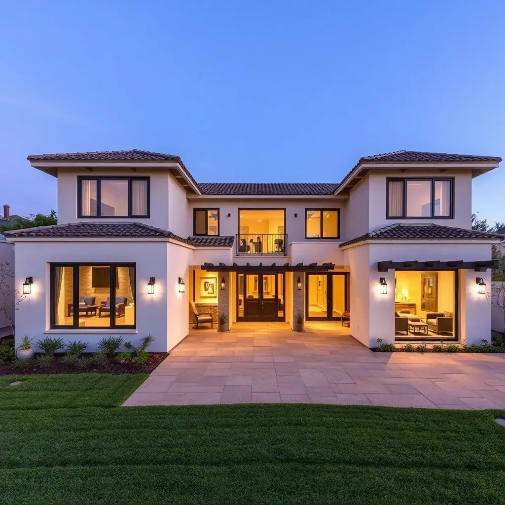 Remodeled outdoor patio in Rancho Santa Fe with modern design, lush landscaping, fire pit, and scenic hillside views.