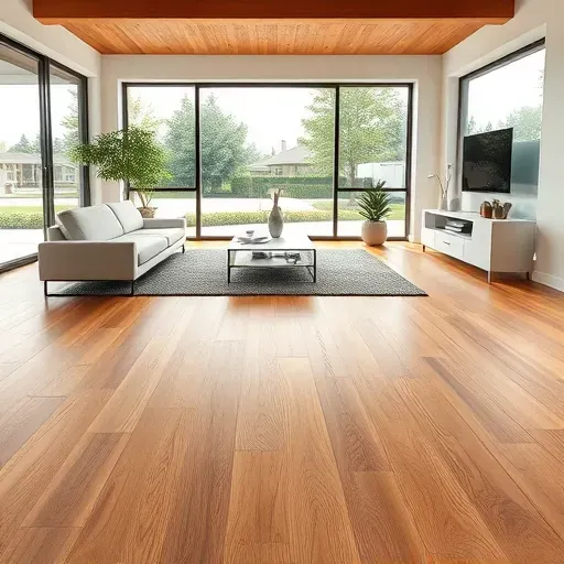 Beautiful finished oak hardwood flooring in a bright modern living room with large windows and lush outdoor views