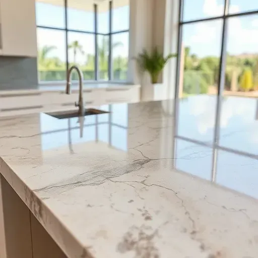 Stunning natural stone kitchen countertop in Vista California with detailed veining, polished surface, modern cabinetry, and lush outdoor view