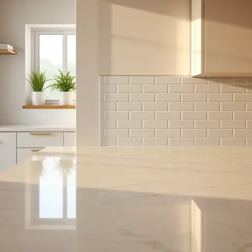 Finished modern kitchen backsplash with glossy subway tiles, polished quartz countertop, neutral cabinets, and natural light.
