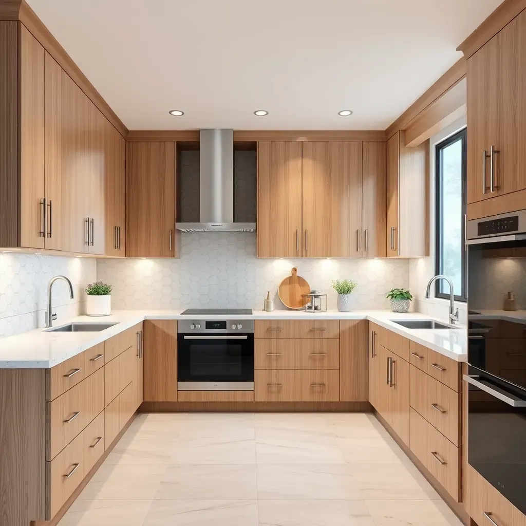 Modern wooden kitchen cabinets in Vista, CA, with sleek hardware and natural lighting highlighting craftsmanship.