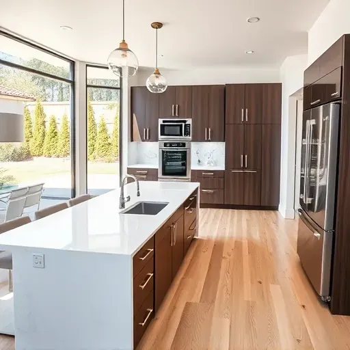 Modern Vista kitchen with white quartz countertops, marble backsplash, dark wood cabinets, large island, stainless appliances, hardwood floors, and lush backyard views
