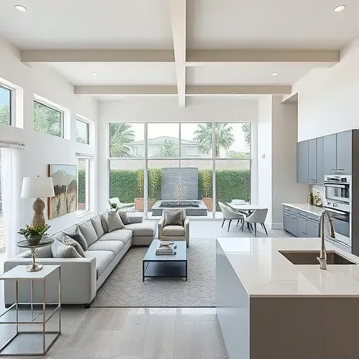 Modern open-concept living space in Pala Mesa CA, featuring elegant beams, natural light and stylish contemporary decor.