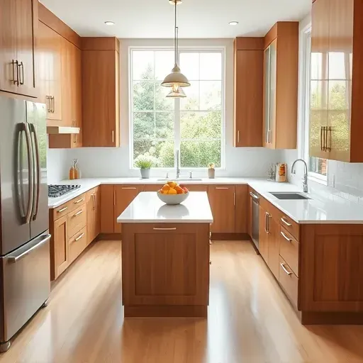 Remodeled Hidden Meadows CA kitchen with modern wood cabinetry stainless steel appliances white quartz countertops and a garden view