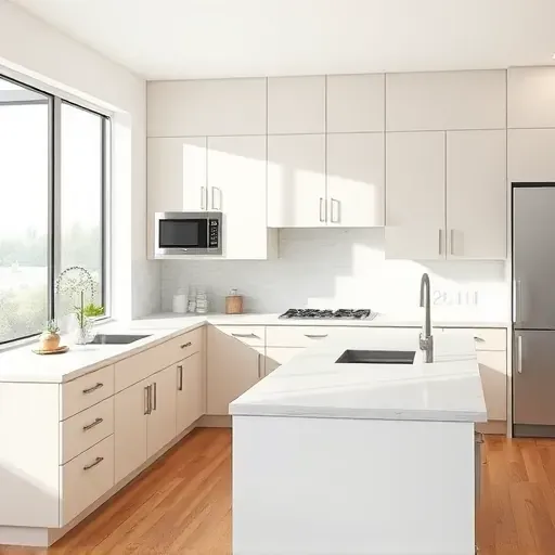 Modern Vista California kitchen with sleek matte cabinets, white quartz countertops, stainless steel sink, hardwood floors and natural light