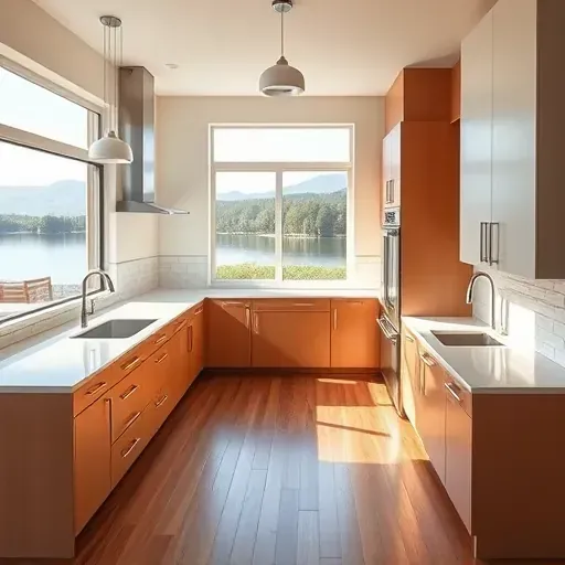 Remodeled Lake San Marcos kitchen with sleek matte cabinets, quartz counters, stainless appliances, hardwood floors, and lakeside views