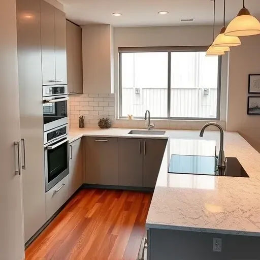 Remodeled Mira Mesa kitchen with matte cabinets granite countertops stainless steel sink modern appliances hardwood floors and natural light