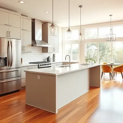 Recently remodeled modern kitchen in San Marcos CA with matte cabinetry granite island stainless steel appliances and hardwood floors