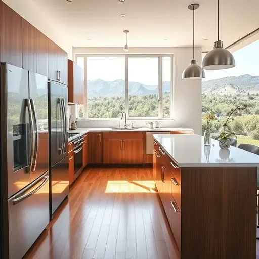 Completed sleek modern kitchen in Black Mountain Ranch CA with stainless steel appliances marble island custom cabinetry and lush outdoor view