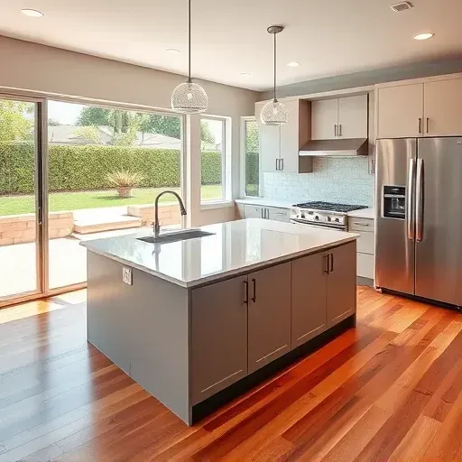 Finished modern Rancho Bernardo kitchen with matte cabinets quartz island stainless appliances natural light hardwood floors greenery