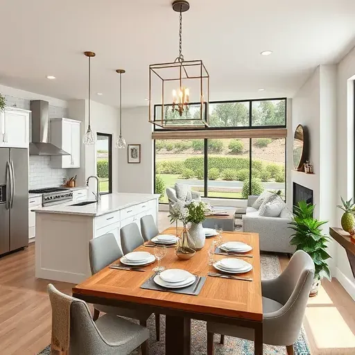 Modern open-concept home in Scripps Ranch CA with sleek kitchen, dining area, fireplace, and stylish decor.