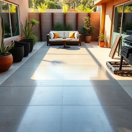 Seamless polished concrete slab installed in a modern outdoor patio in Vista California with stylish furniture and landscaped garden