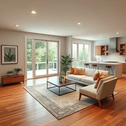 Renovated Leucadia living room with hardwood floors, modern decor, natural light and lush greenery view through windows.